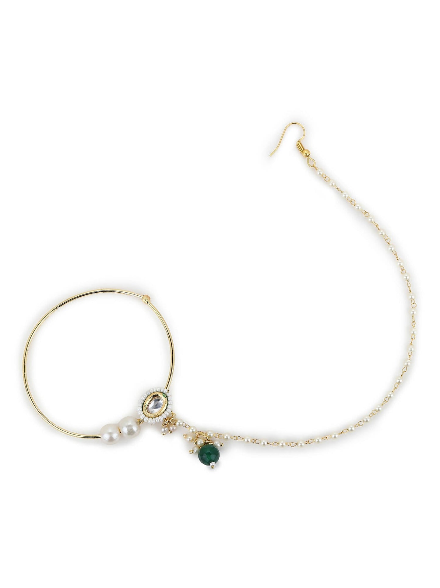 Gold-Polished White Green Kundan-Studded Pearl Beaded Nosepin - Ruby Raang
