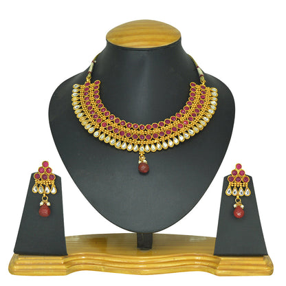 Gold-Polished Alloy Ruby Colour Stone Studded Choker Necklace Set - The Pari