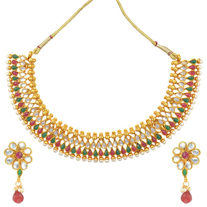 Gold-Polished Alloy Multi Stone Studded Choker Necklace Set - The Pari