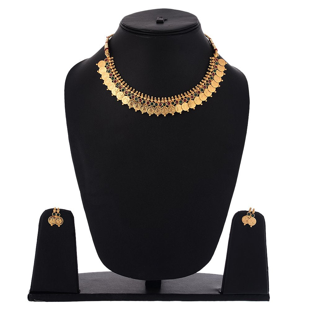 Gold-Polished Alloy Temple Jewellery Coin Sleek Choker Necklace - The Pari