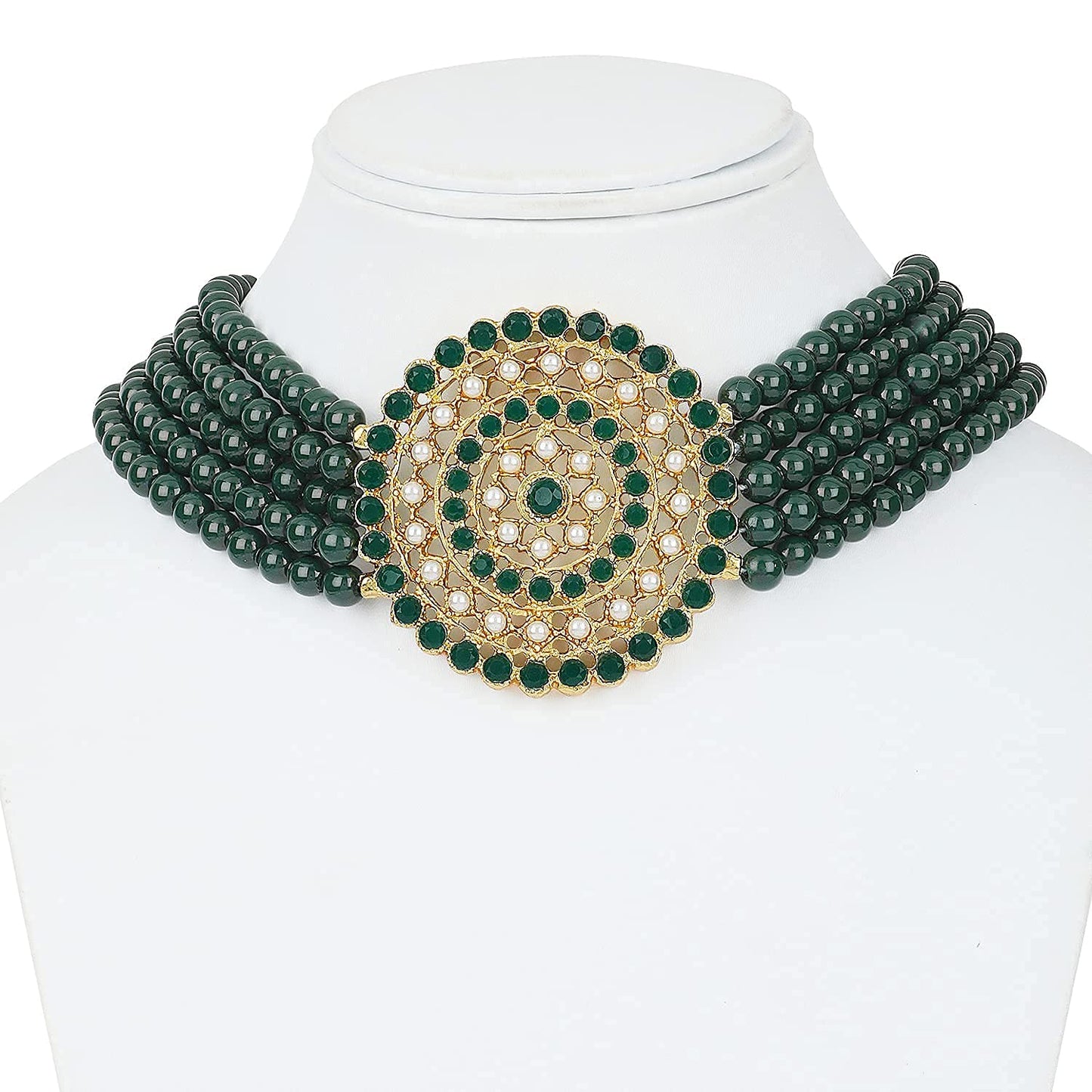 Gold-Polished Alloy Green Beaded Round Pendant Choker Necklace Set - The Pari