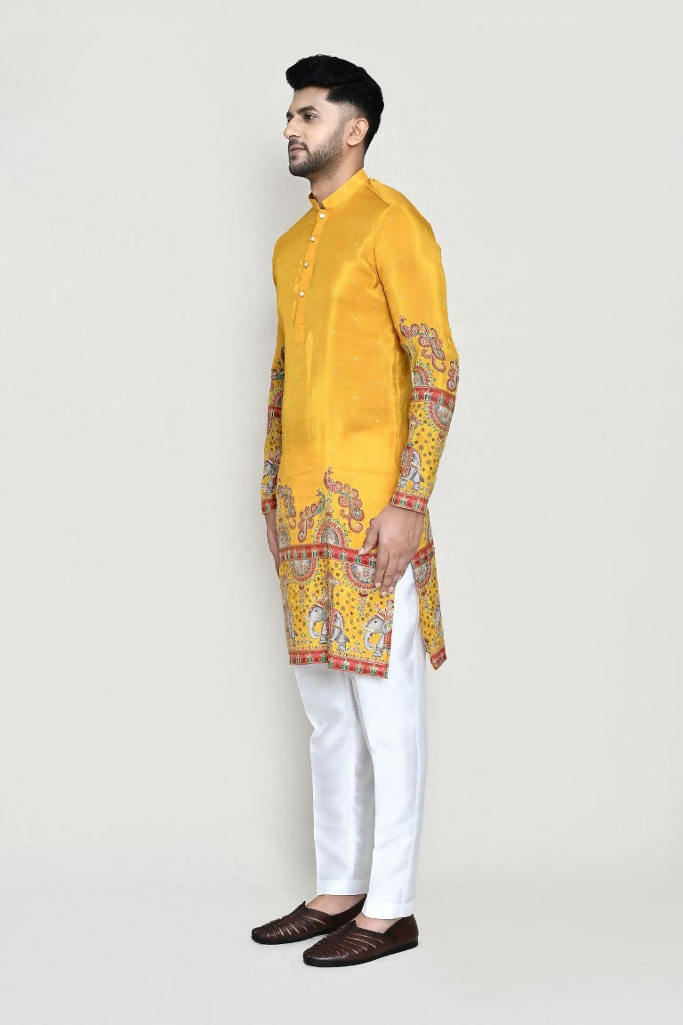 Joban Fashion White Colored Rayon Based With Digital & Sequence Work Fabric Kurta,Straight Fit Pant