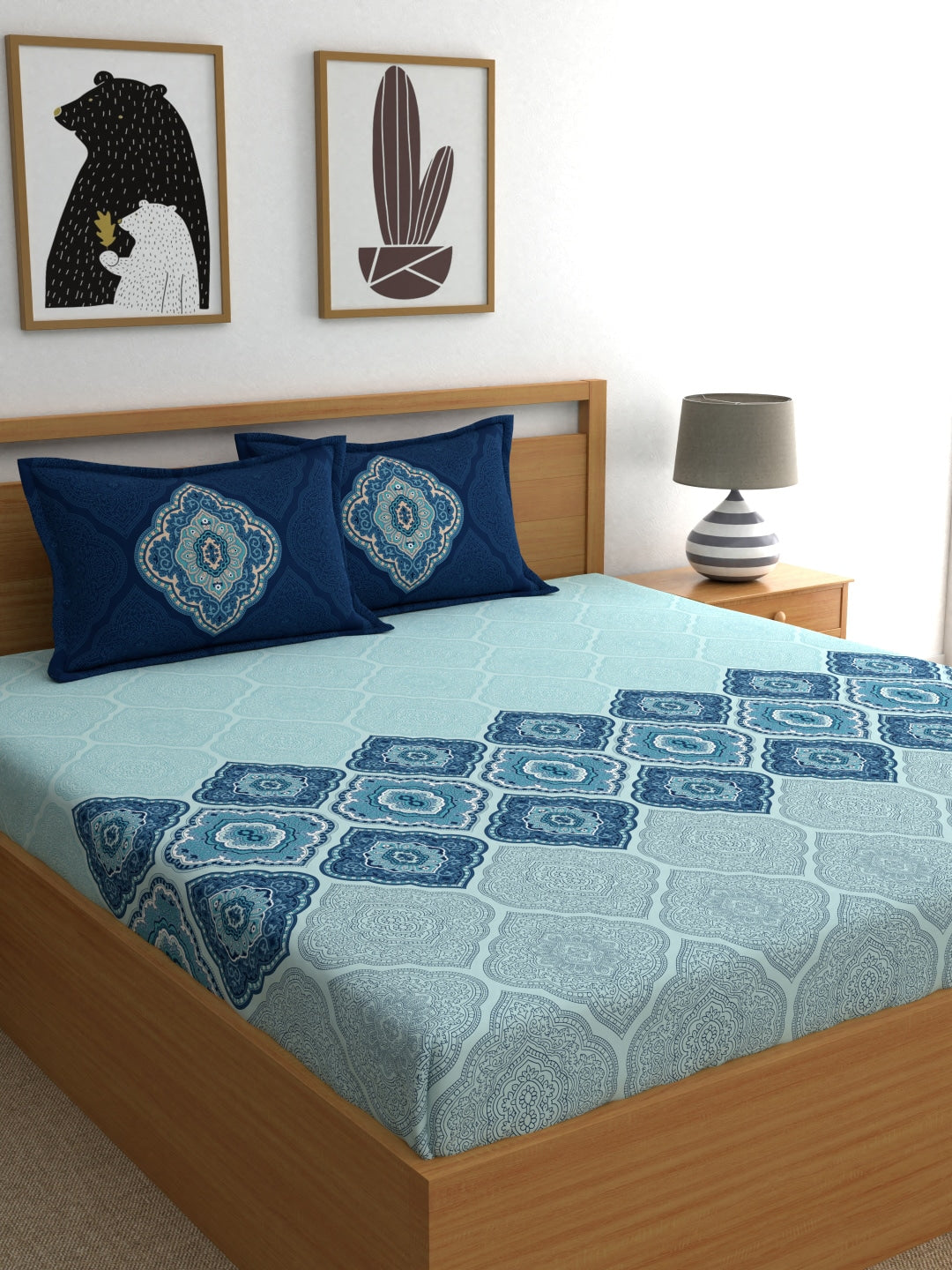 Dreamscape Blue & Green Ethnic Motifs 144 TC King Bedsheet with 2 Pillow Covers