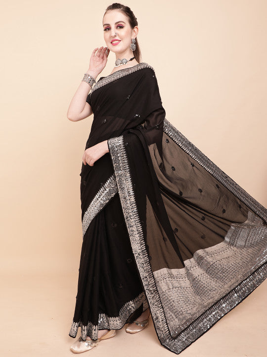Sangria Black & Silver-Toned Embellished Sequinned Pure Georgette Saree
