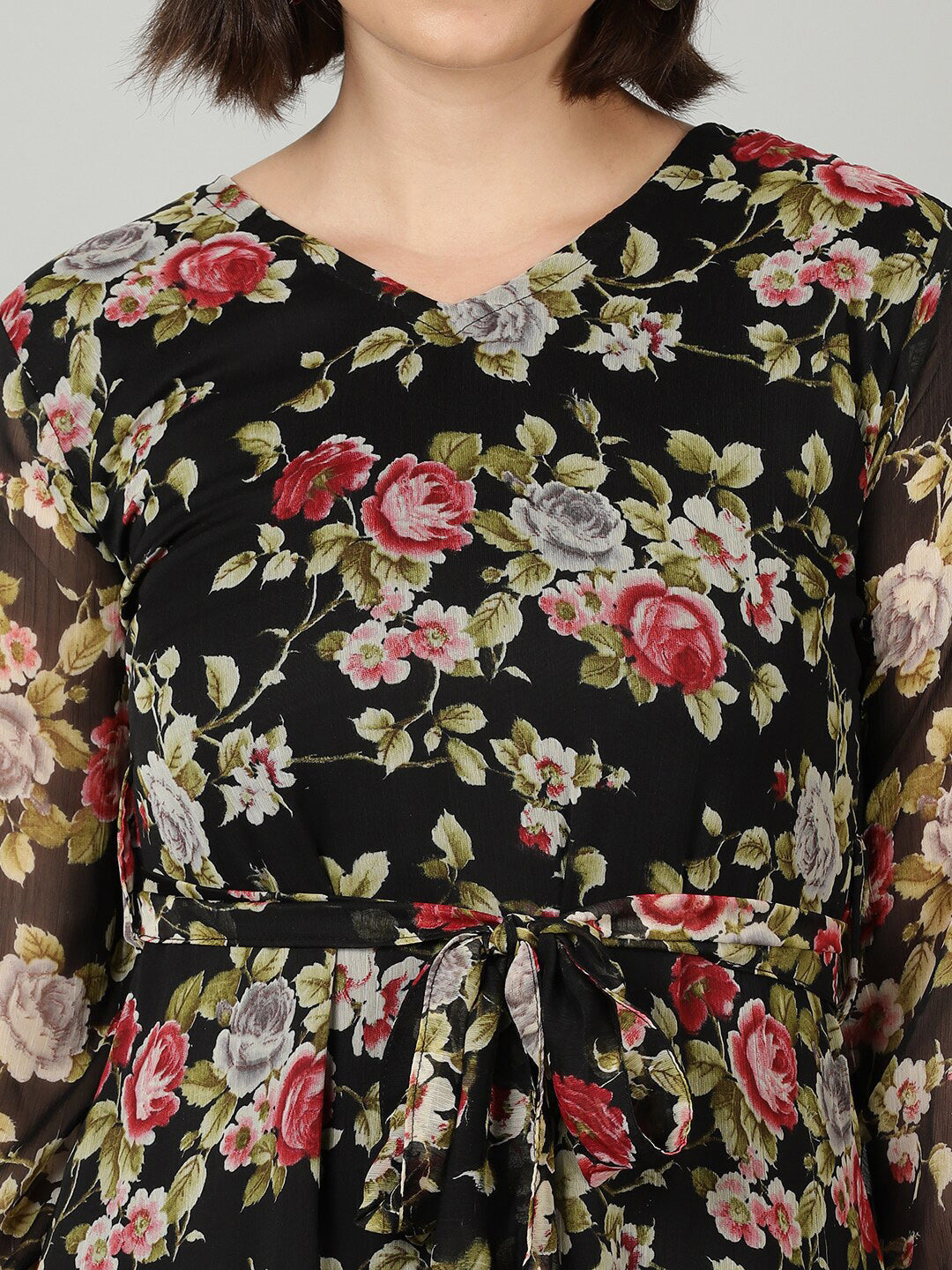 Souchii Black & Pink Floral Chiffon Midi Dress