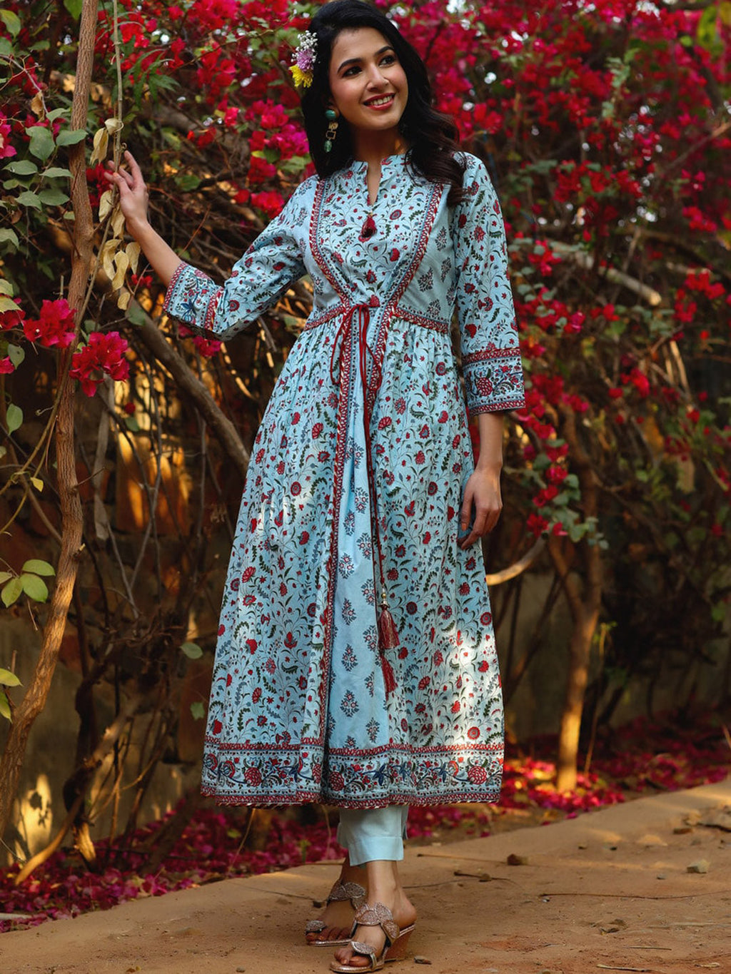 Juniper Floral Printed Mandarin Collar Cambric Cotton A-Line Kurta
