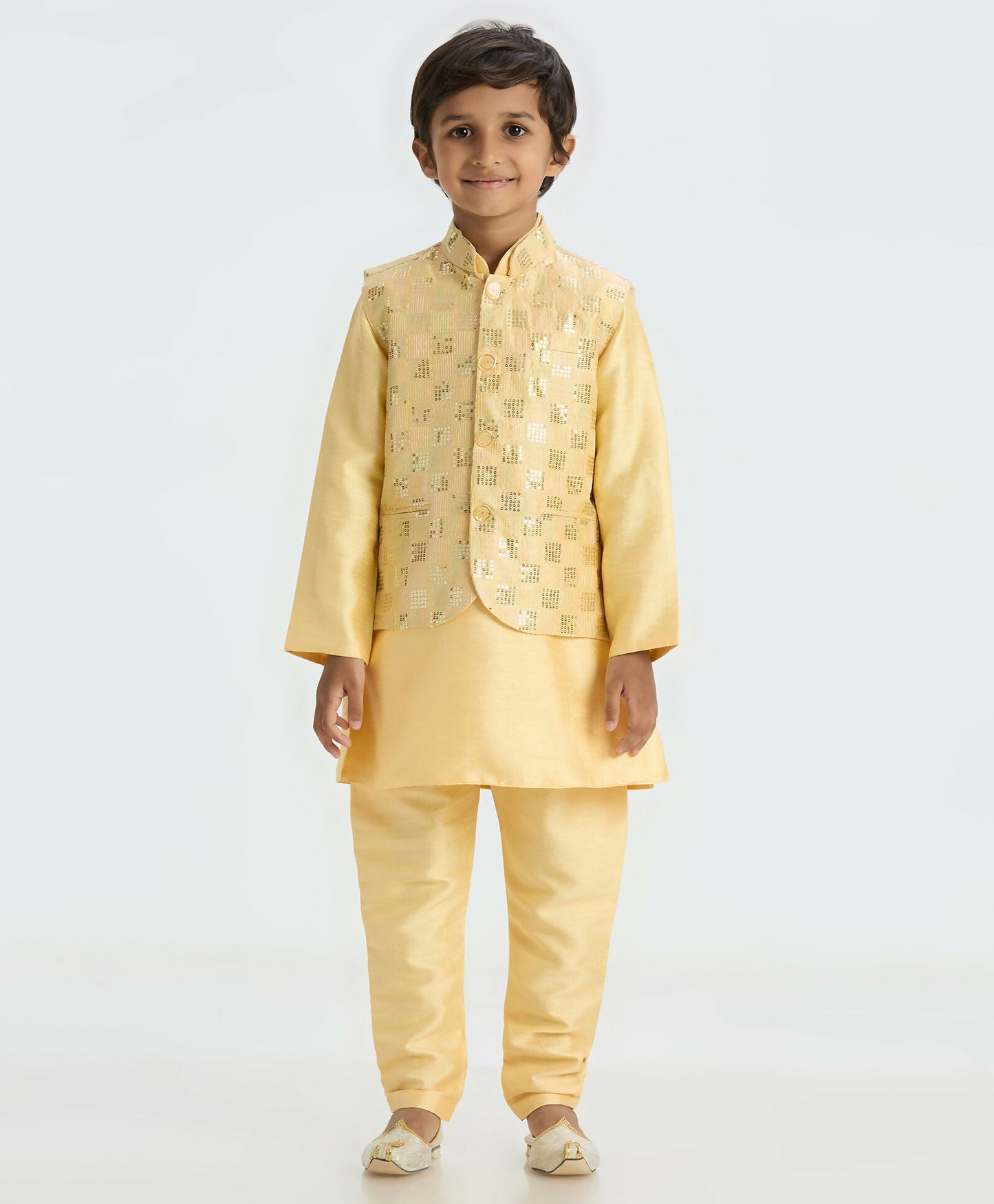 Joban Fashion Kids Island Elegant Box Sequence work Nehru Jacket Full Sleeves Kurta, Pyjama Set - Golden