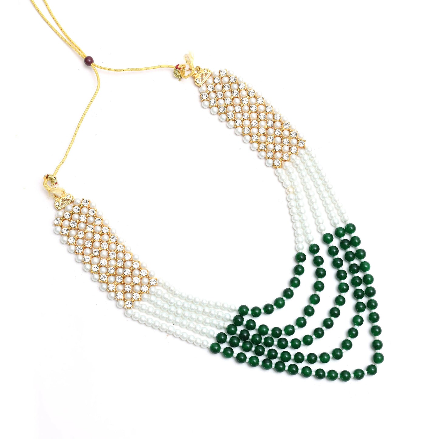 Mominos Fashion Johar Kamal Gold-Polished Rani Haar with Cream Green and Off white Pearls Jewellery Set