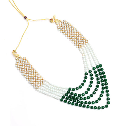 Mominos Fashion Johar Kamal Gold-Polished Rani Haar with Cream Green and Off white Pearls Jewellery Set