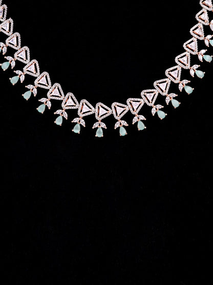 Saraf RS Jewellery Rose Gold-Polished White & Sea Green AD-Studded Handcrafted Jewellery Set