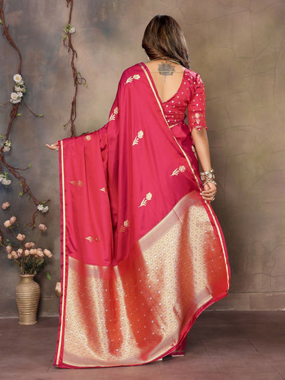 Joban Fashion Red Floral & Botanical Motifs Satin Silk Banarasi Silk Saree