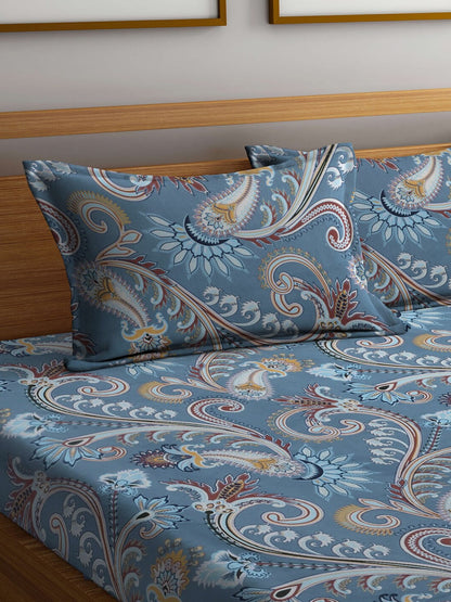 FABINALIV Grey & Brown Etnic Motifs 300 TC Fitted King Bedsheet With 2 Pillow Covers