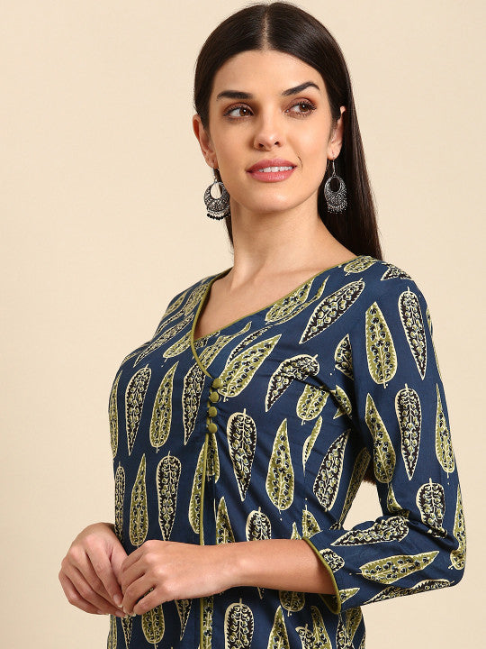 Anayna Women Navy Blue & Green Ethnic Motifs Printed Cotton Kurta