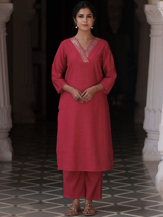 Anayna V-Neck Sequinned Straight Kurta With Trousers