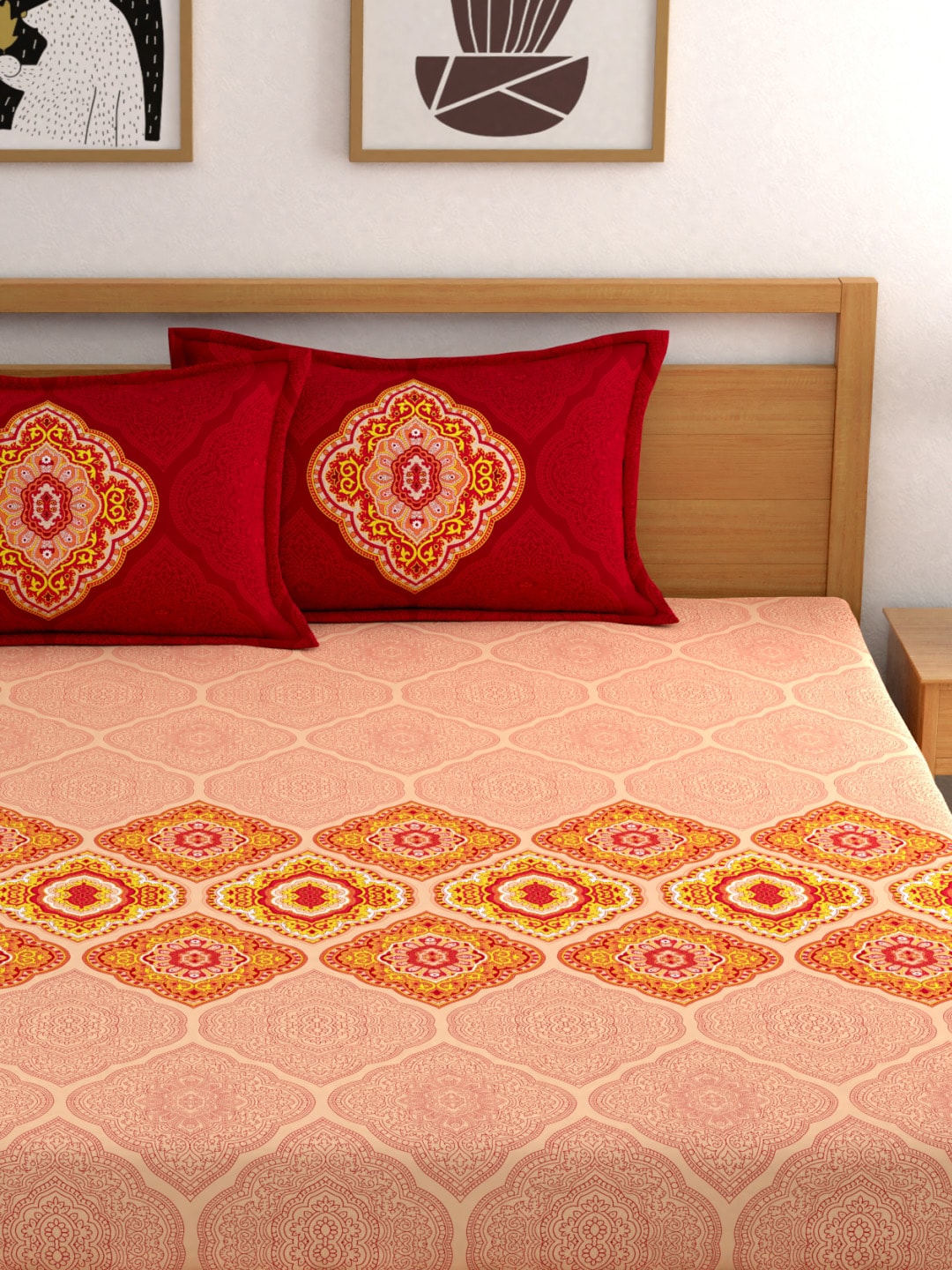 Dreamscape Pink Ethnic Motifs 144 TC Cotton Bedsheet with Pillow Covers