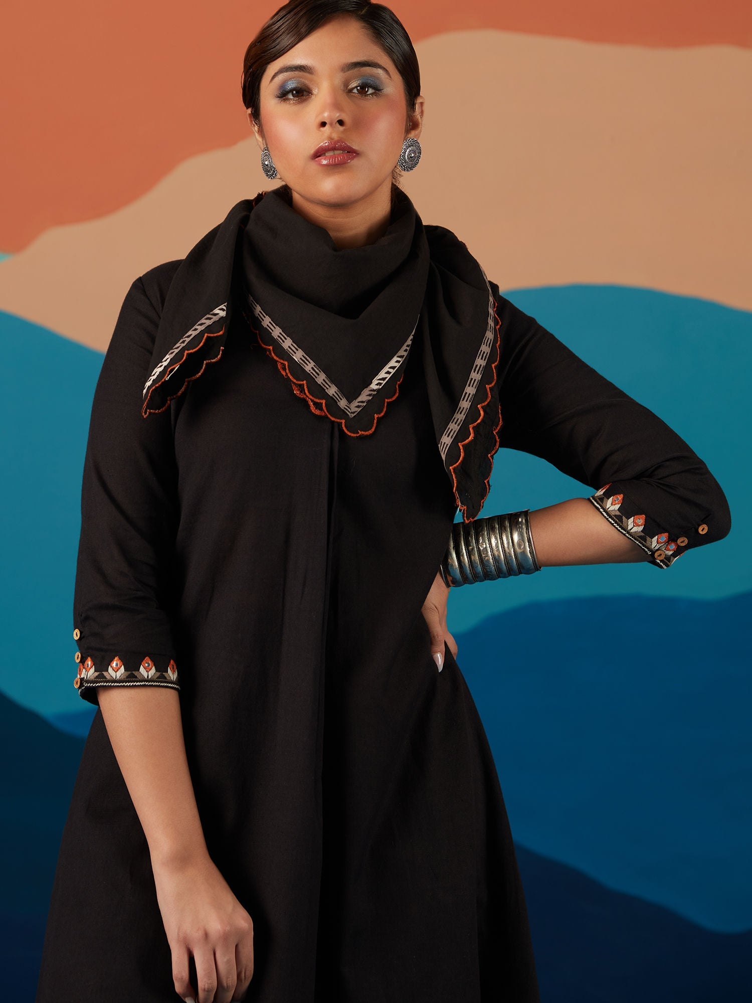 Likha Black Indigo Saga Hand block print Co-ord Set With Scarf LIKSKD196 (Set of 4) - L