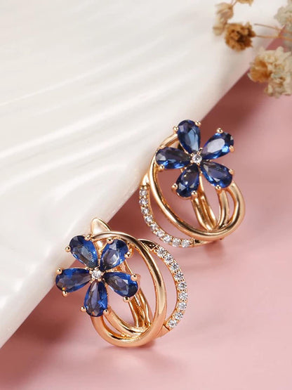 Shining Diva Rose Gold-Polished Blue Floral Studs Earrings
