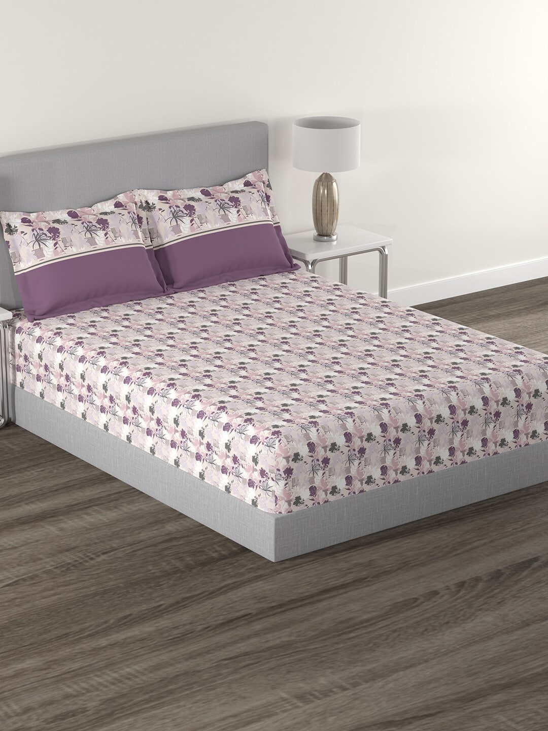 MYTRIDENT Mauve White Floral Cotton 144 TC Queen Bedsheet With 2 Pillow Covers