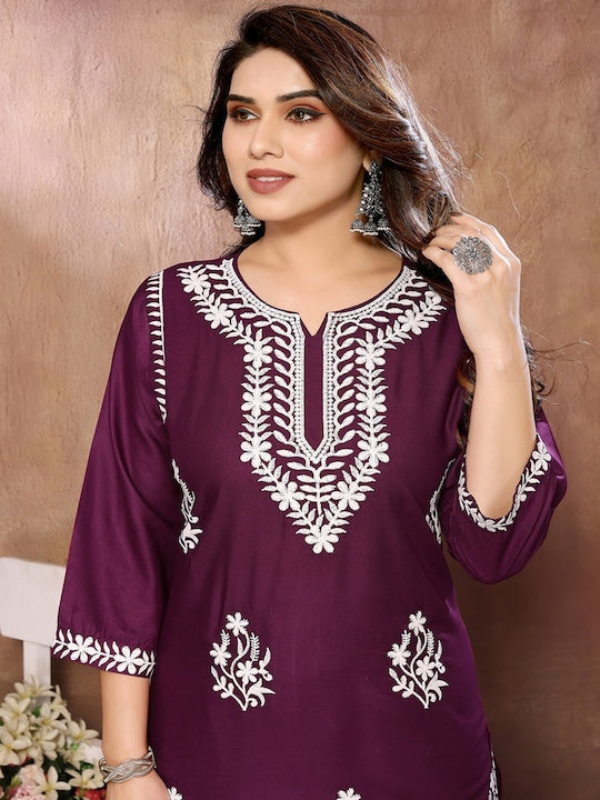 Fabmora Floral Embroidered Round Neck Three-Quarter Sleeves Chikankari Kurta with Palazzos