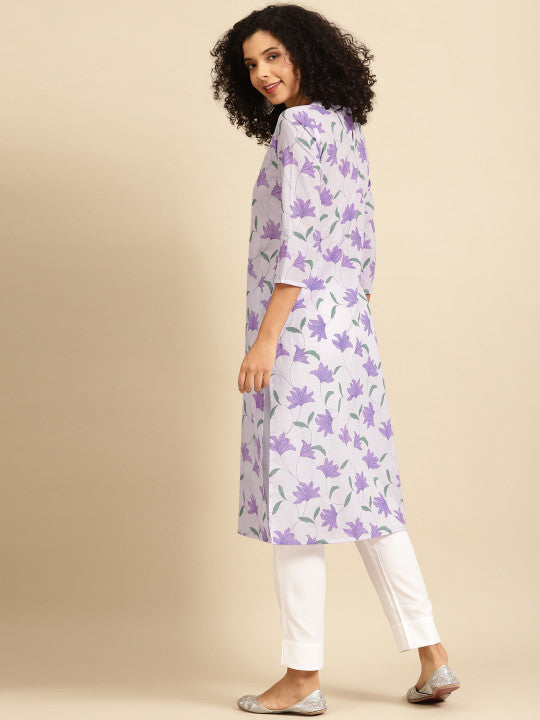 Anayna Women Lavender & Green Romantic Floral Print Cotton A-Line Pastel Kurta