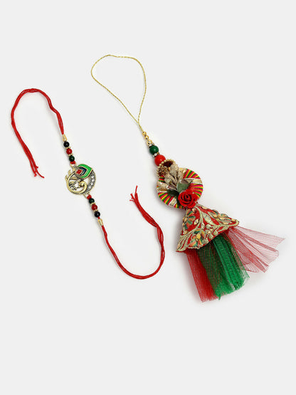NVR Women & Men Set of 2 Multicolor Peacock Design Bhaiya Bhabhi Rakhi With Roli Chawal & Chocolate