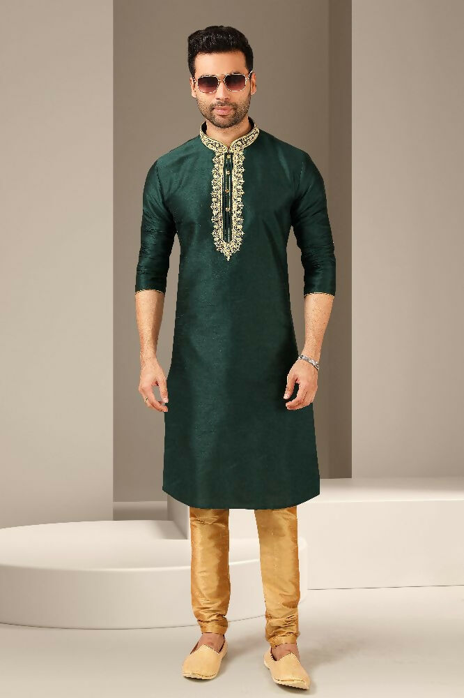 Raivat Ethnic Banarasi Art Silk Mirror Work Kurta Pajama In Dark Green Colour