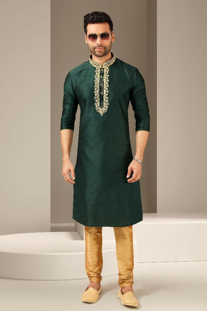 Raivat Ethnic Banarasi Art Silk Mirror Work Kurta Pajama In Dark Green Colour