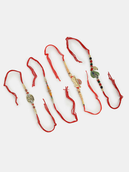 NVR Men Set of 4 Multicolor Radha Krishna & Peacock Design Rakhi With Roli Chawal & Chocolate