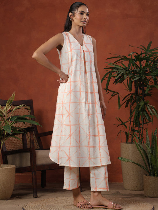 Anayna Geometric Printed Pleated V-Neck Pure Cotton A-Line Kurta With Trousers