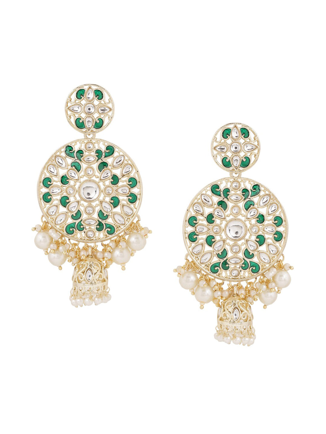 Shoshaa Green & Gold-Polished Kundan Studded Contemporary Jhumkas Earrings