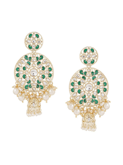 Shoshaa Green & Gold-Polished Kundan Studded Contemporary Jhumkas Earrings