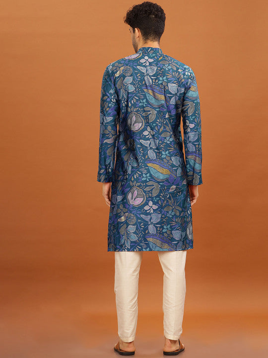Anouk Mandarin Collar Floral Printed Straight Kurta Blue & Green