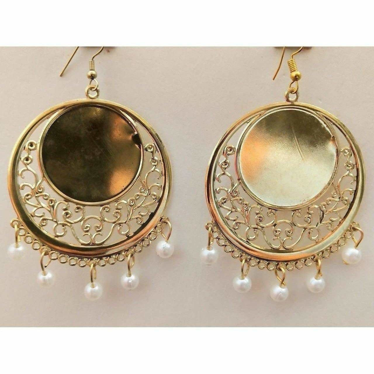 MS Fashion India White Glass Pearl Gold-Polished Mirror Bridal Wear Chandbali Earrings