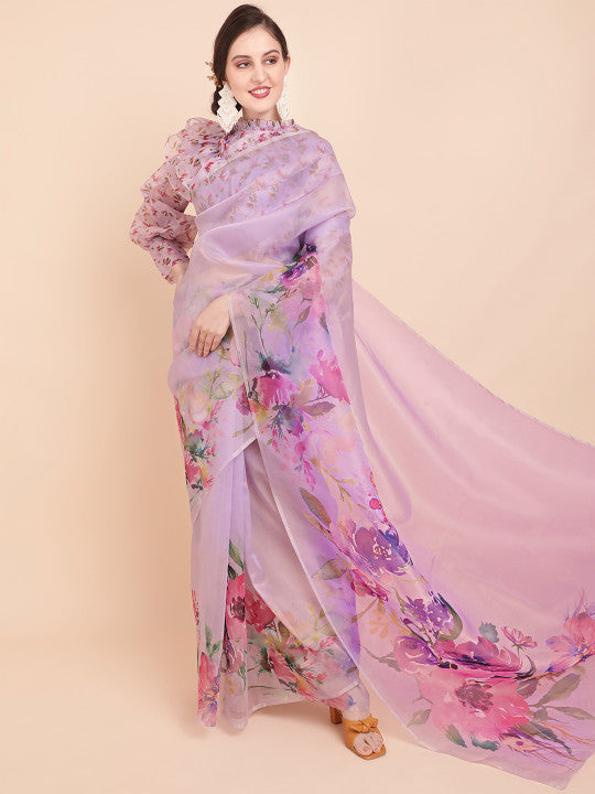 Sangria Lavender & Green Floral Organza Saree