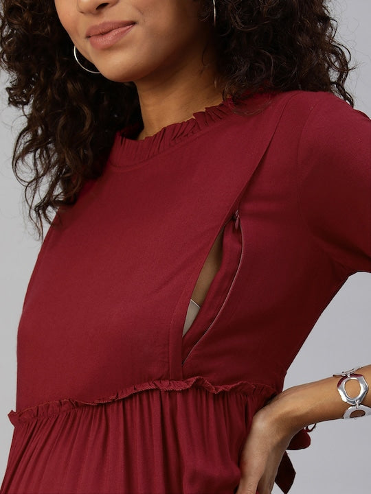 MomToBe Women Maroon Solid Maternity Nursing Maxi Dress