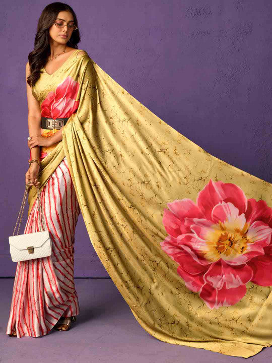 Sangria Floral Digital Printed Satin Saree