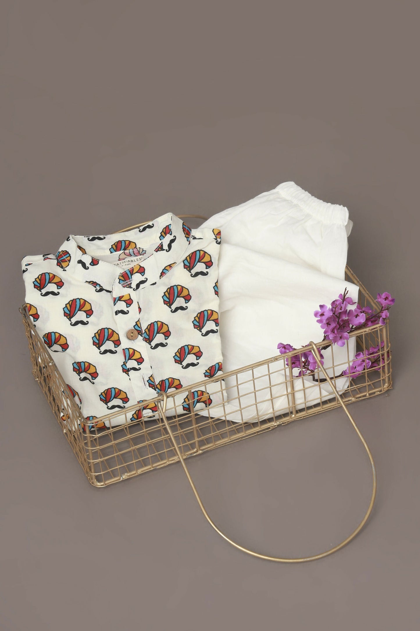 Breathables Kids Cotton Night Suit – White Turban Print Kurta & Pyjama Co-Ord Set For Boys & Girls