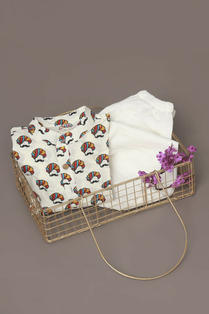 Breathables Kids Cotton Night Suit – White Turban Print Kurta & Pyjama Co-Ord Set For Boys & Girls