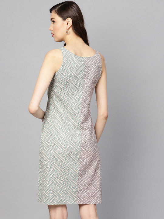 Anayna Women Sea Green & Purple Printed A-Line Dress