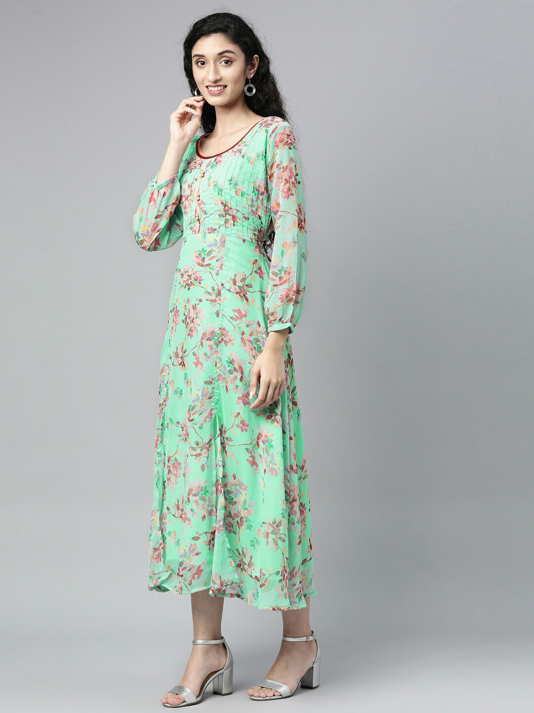 Souchii Sea Green Floral Chiffon Maxi Dress