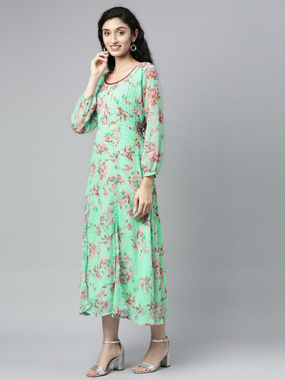 Souchii Sea Green Floral Chiffon Maxi Dress
