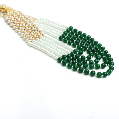 Mominos Fashion Johar Kamal Gold-Polished Rani Haar with Cream Green and Off white Pearls Jewellery Set