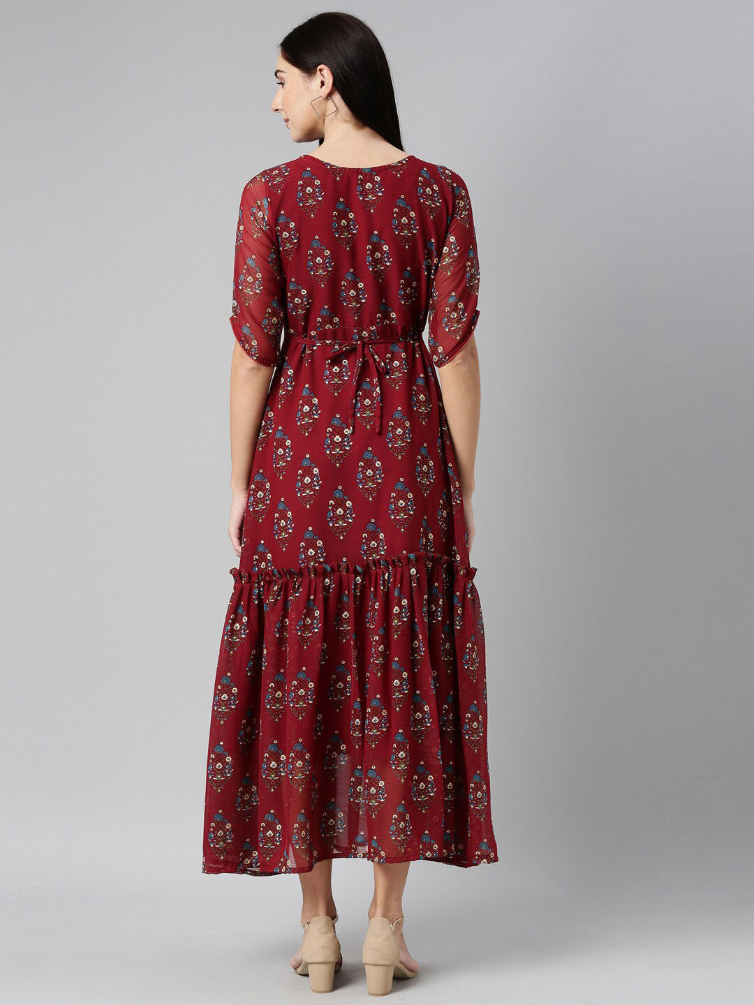 Souchii Floral Printed Boat Neck Chiffon Maxi Dress