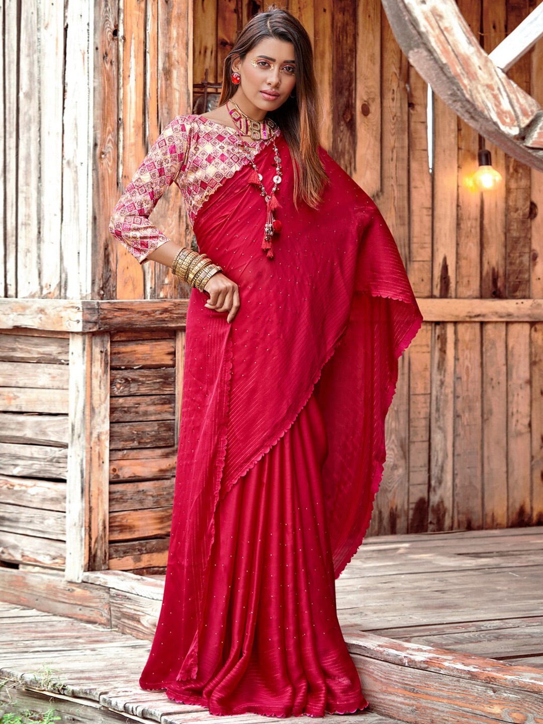 Saree Mall Pink Embellished Beads and Stones Pure Chiffon Sarees