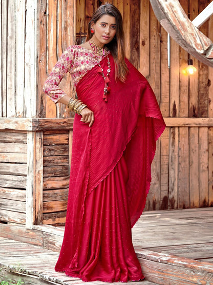 Saree Mall Pink Embellished Beads and Stones Pure Chiffon Sarees