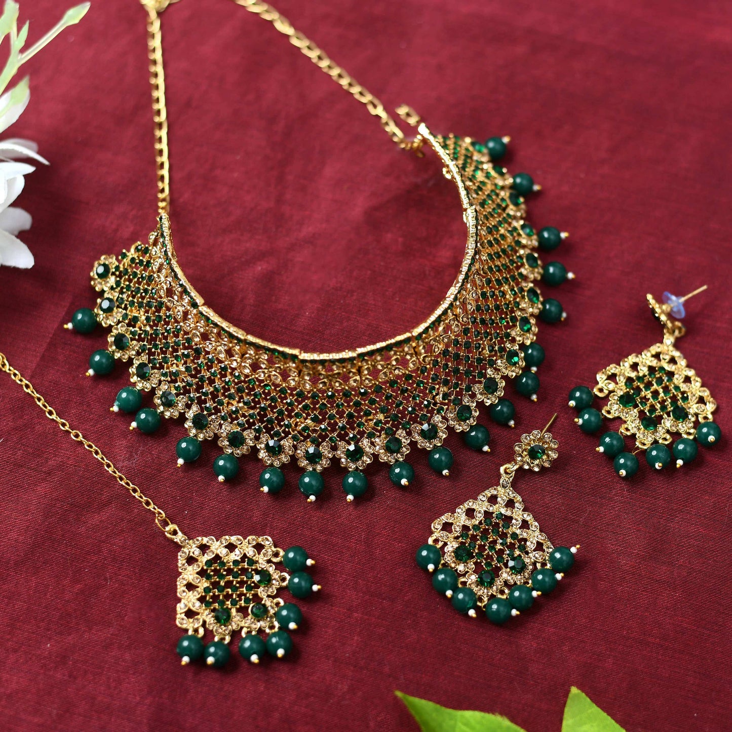 Mominos Fashion Johar Kamal Traditional Rajwadi Design Heavy Golden/Green Color Necklace Set