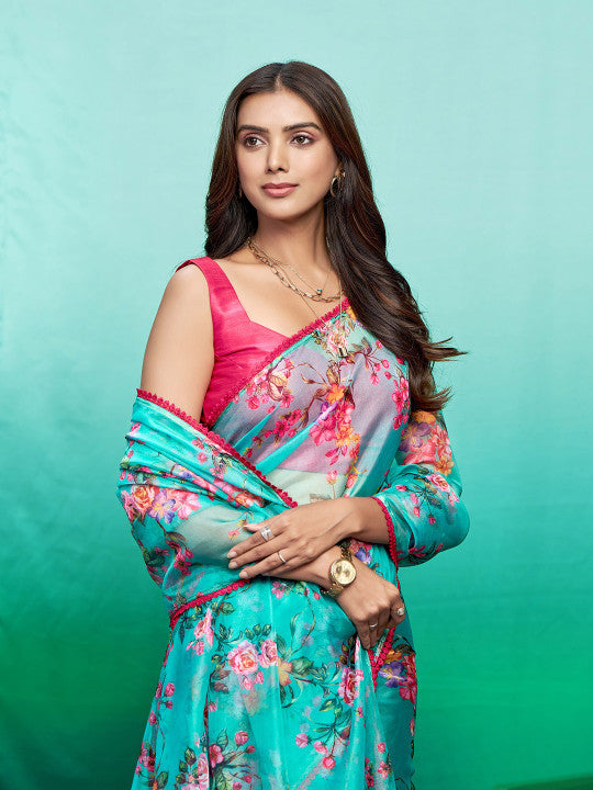 Sangria Floral Printed Organza Saree