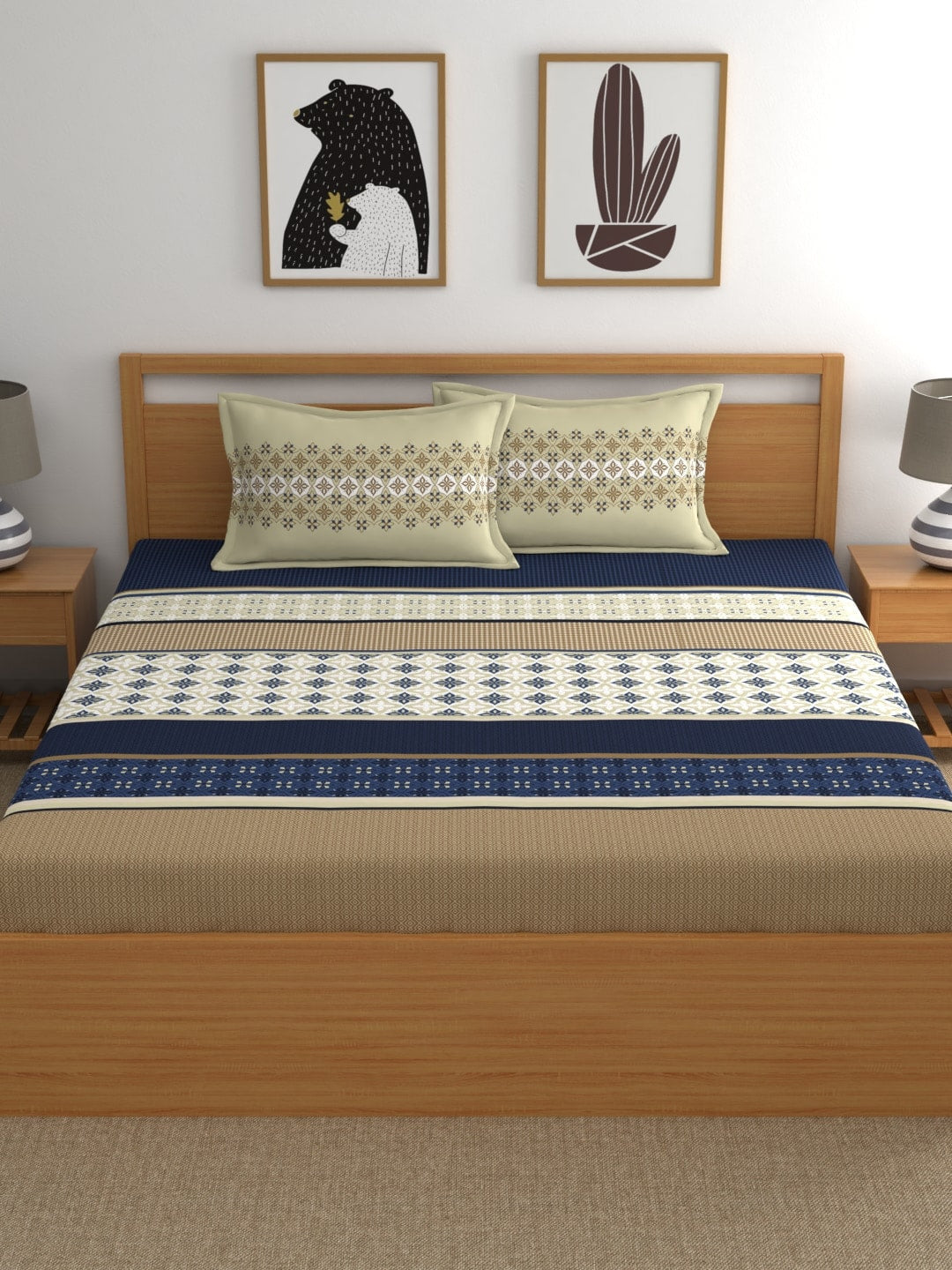 Home Ecstasy Blue & Beige Ethnic Motifs 140 TC King Bedsheet with 2 Pillow Covers