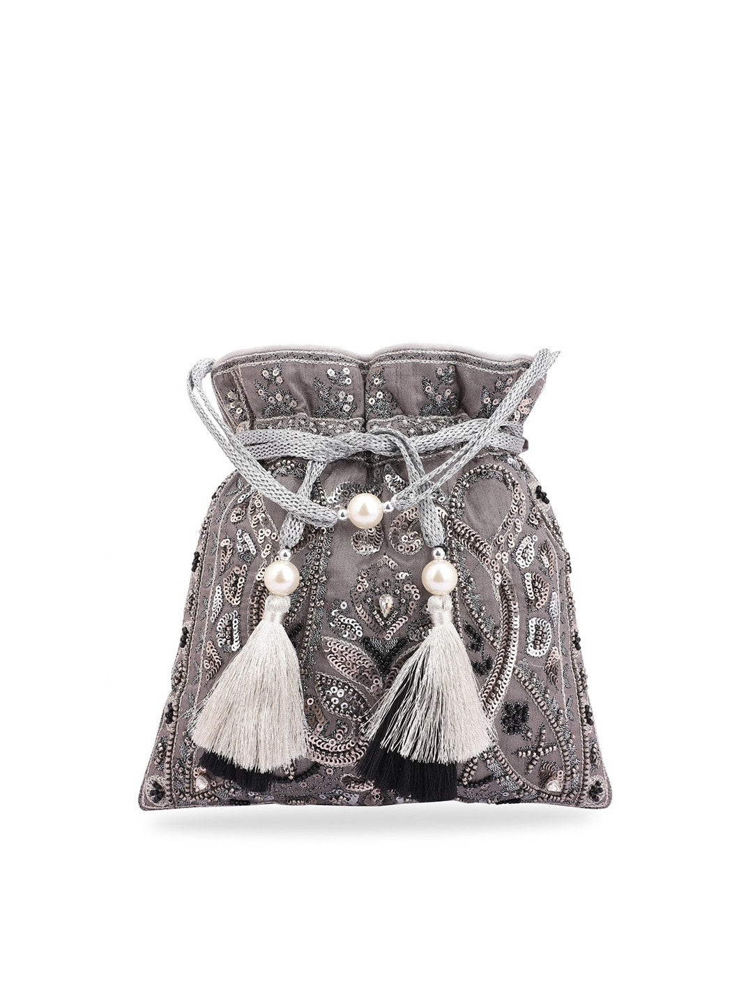 Masq Grey & White Embellished Potli Clutch