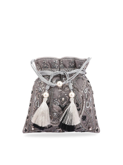 Masq Grey & White Embellished Potli Clutch